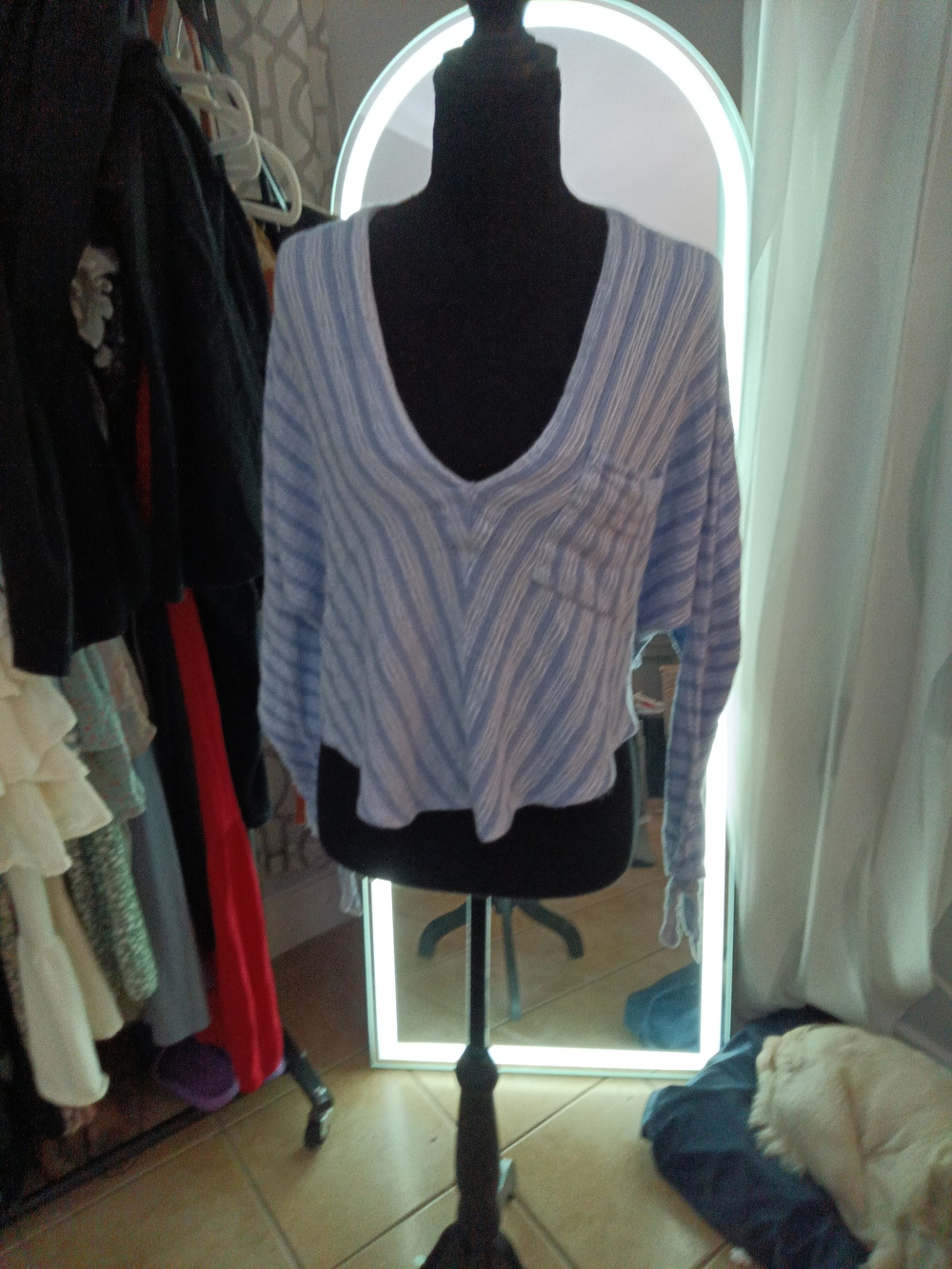 Free People Blue Striped V-Neck Cropped Sweater